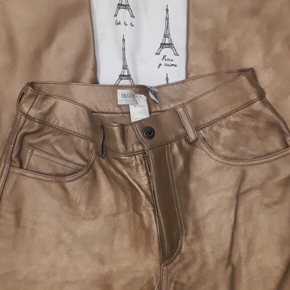 NWOT Sz 2 Vtg Genuine Leather Gold Straight Leg Jeans Pants New Old Stock - Picture 5 of 6